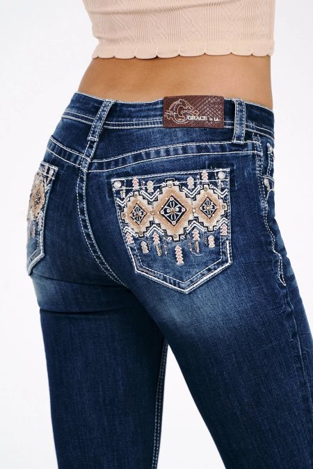 Aztec Leather Mid Rise Embellished Women's Bootcut Jeans