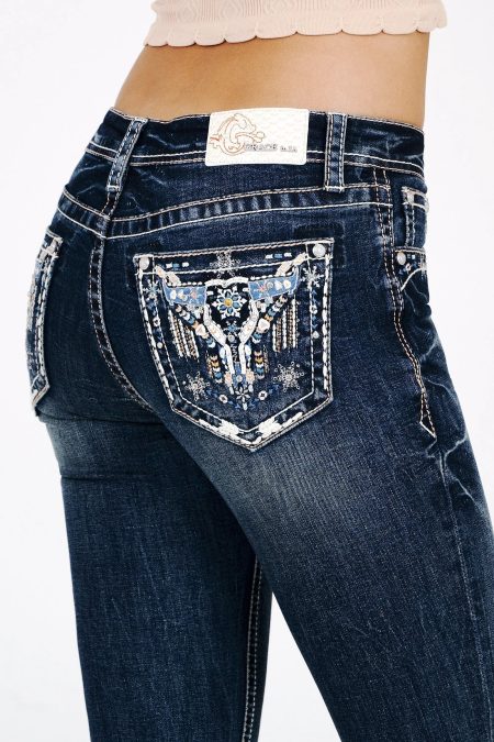 Steer Head Crystals Embroidered Mid Rise Bootcut Jeans