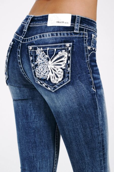 Butterfly Embroidered Mid Rise Bootcut Jeans