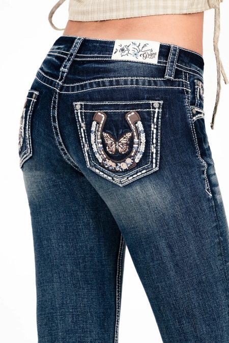 Butterfly Horse Shoe Embroidered Mid Rise Bootcut Jeans