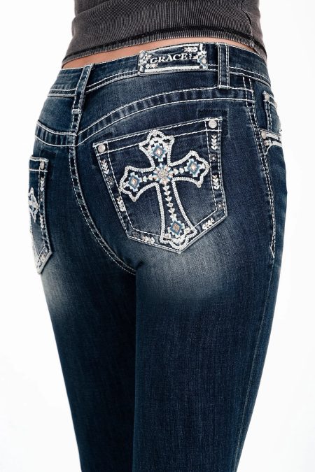 Cross Embroidered Mid Rise Bootcut Jeans