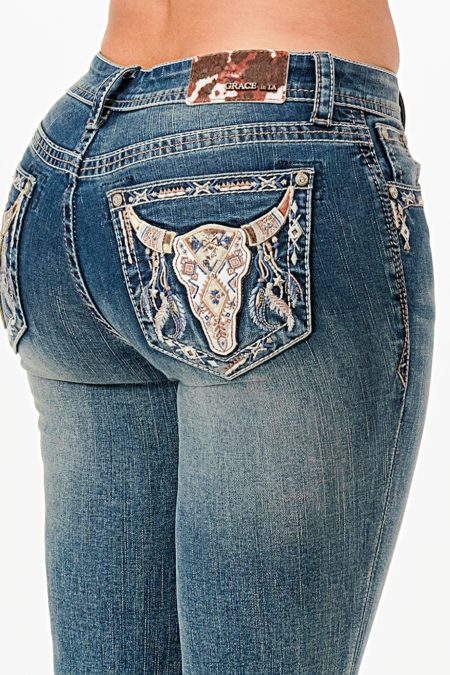 Tan Steer Head & Tribal Feathers Mid Rise Bootcut Embroidered Jeans
