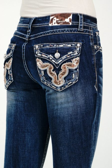 Cow Hide Trims Faux Flap Mid Rise Bootcut Jeans