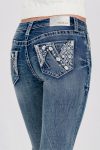 Flower Rhinestone Pocket Mid Rise Bootcut Jeans