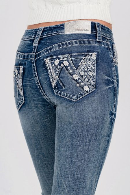 Flower Rhinestone Pocket Mid Rise Bootcut Jeans