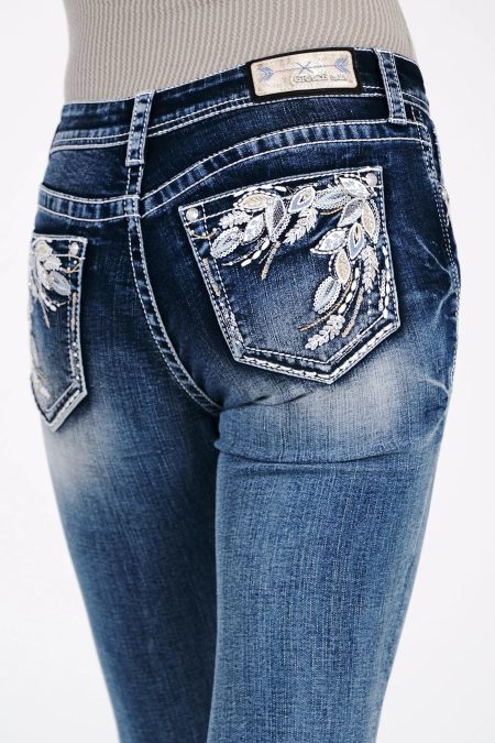 White Leaves Embroidered Mid Rise Bootcut Jeans